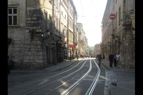 Tramway in central L'viv, Ukraine.